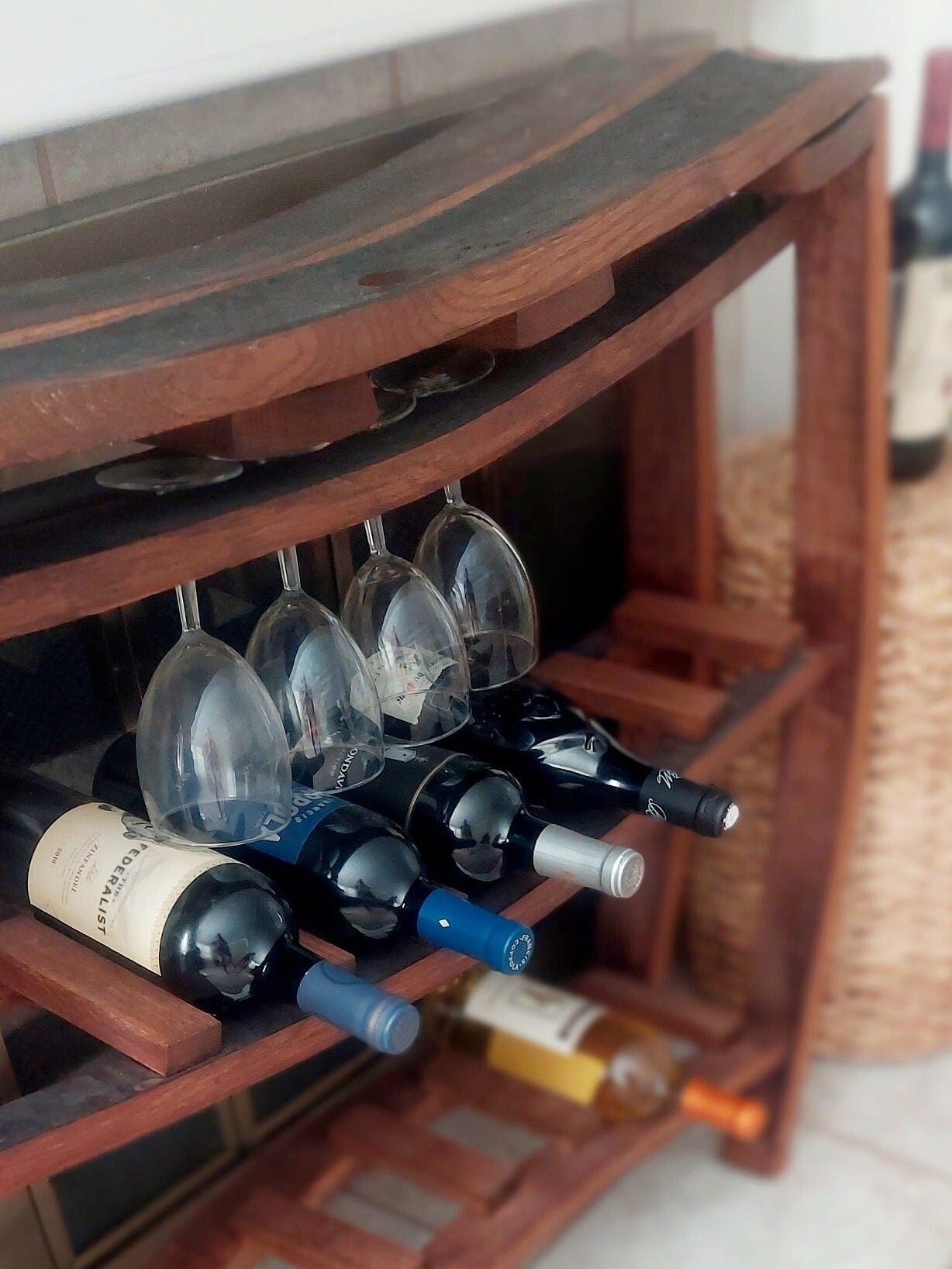 Reclaimed Wine Barrel Rack with Glass Holder – Handmade Rustic Luxury Wine Rack for Homes with Taste