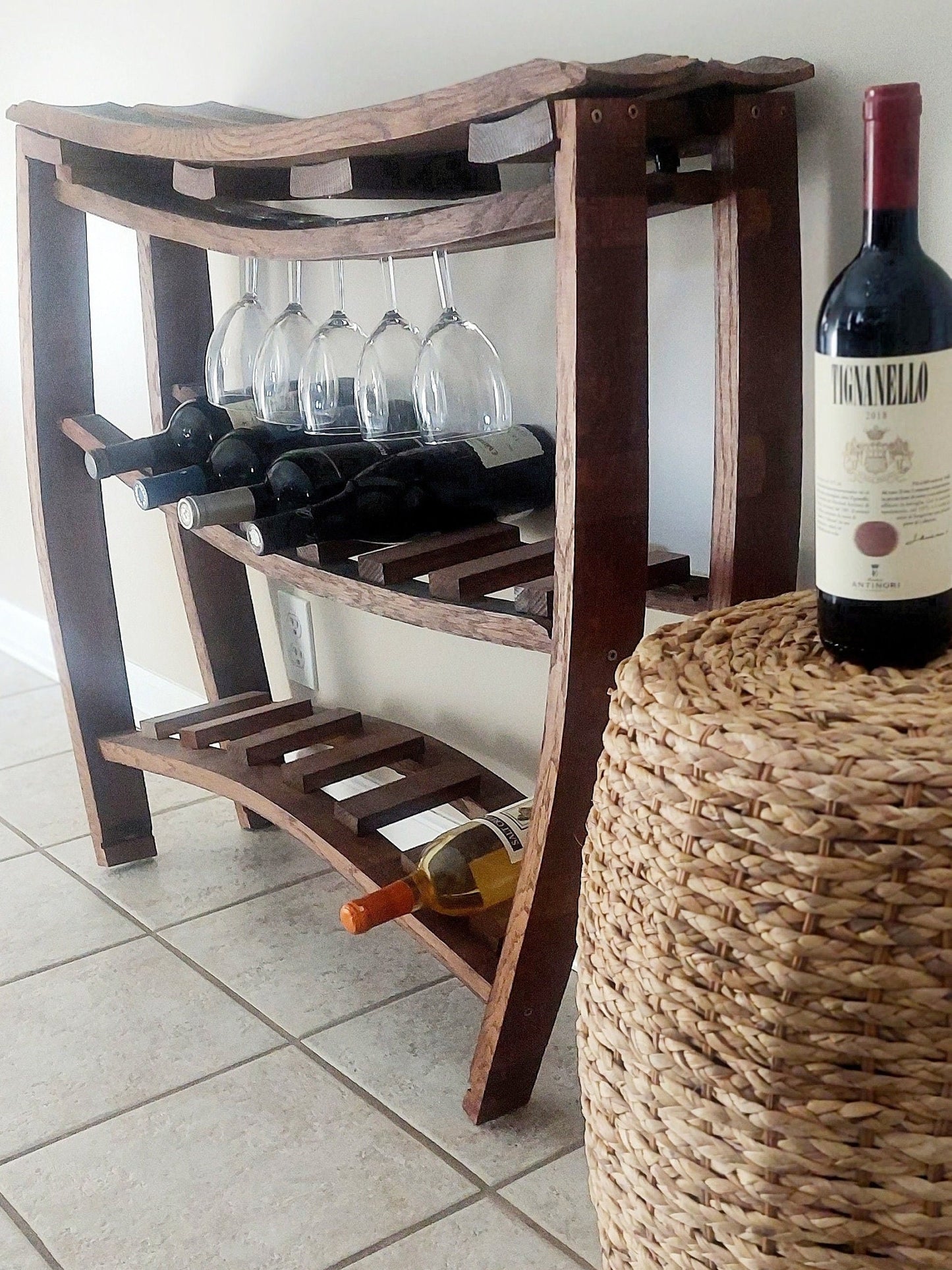 Reclaimed Wine Barrel Rack with Glass Holder – Handmade Rustic Luxury Wine Rack for Homes with Taste