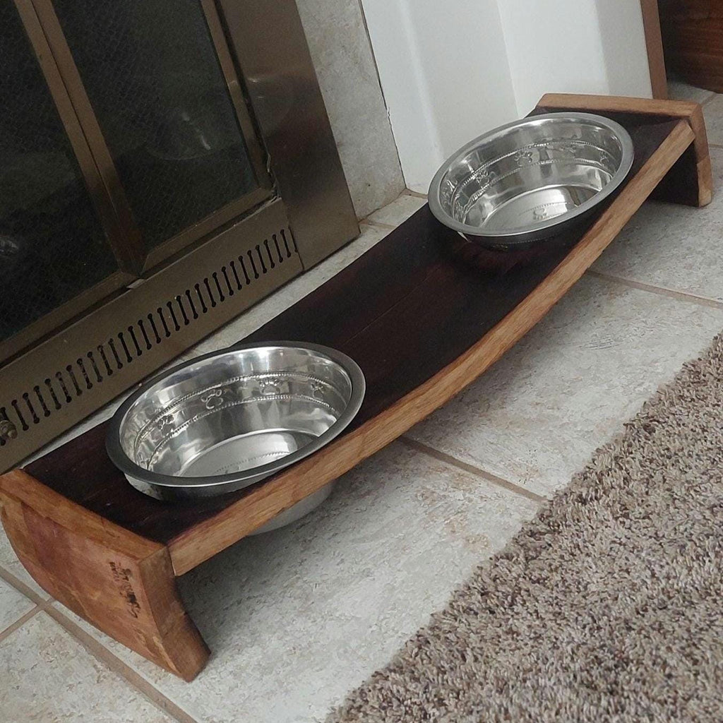 Wine Barrel Dog Feeder Elevated Pet Bowl Stand Handmade Dog Feeder Raised Feeder with Stainless Steel Bowls Rustic Pet Furniture