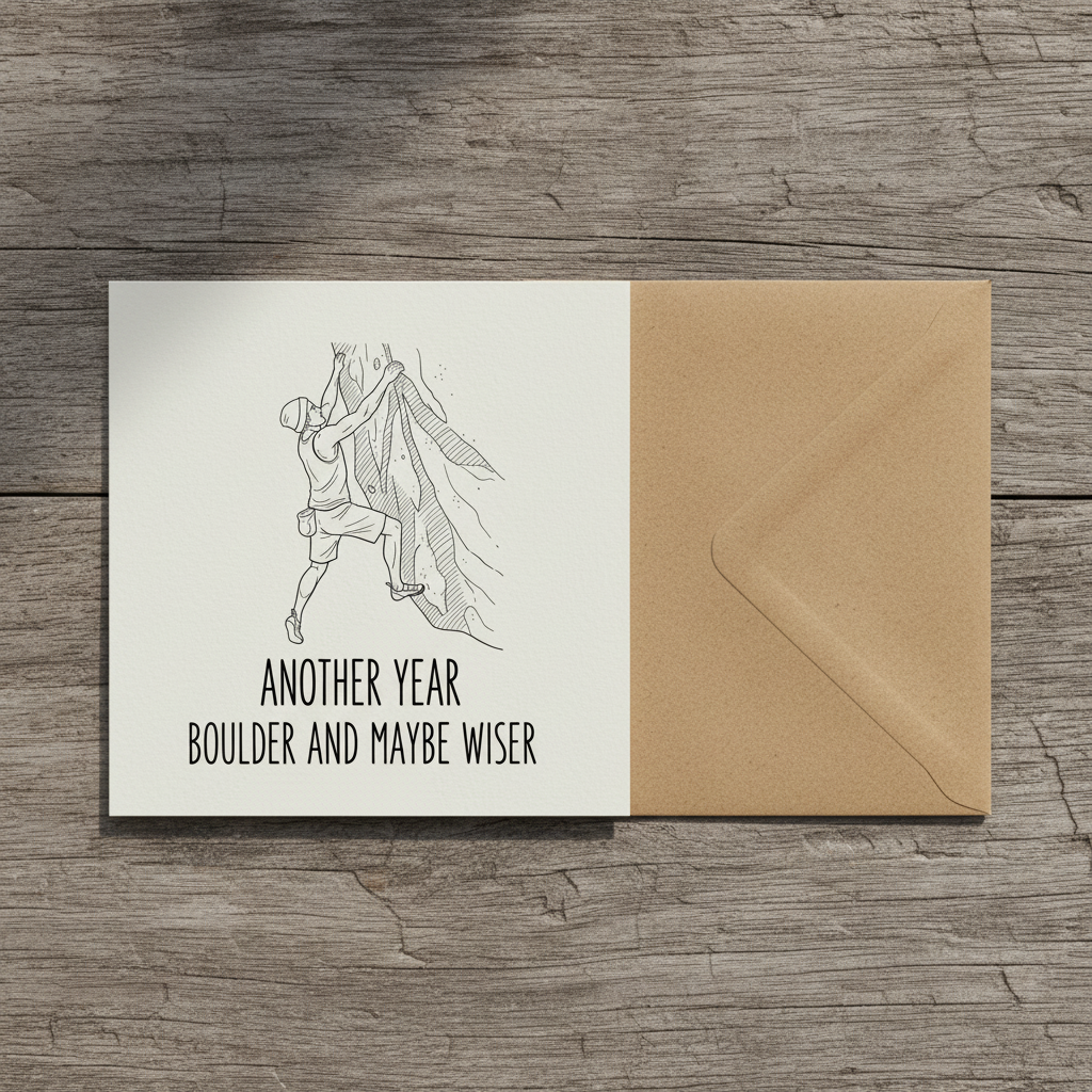 Square birthday card with minimalist line art of male climber with beanie bouldering